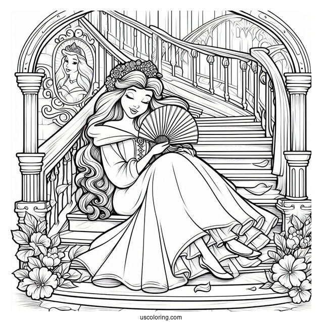 Sleeping Beauty Coloring Page On The Staircase With Belle Holding Fans