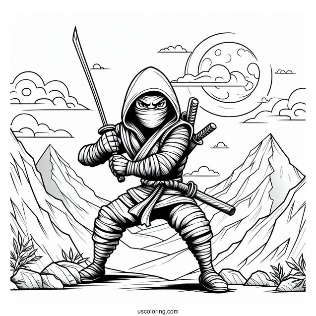 Fierce Ninja In The Mountains Coloring sheet
