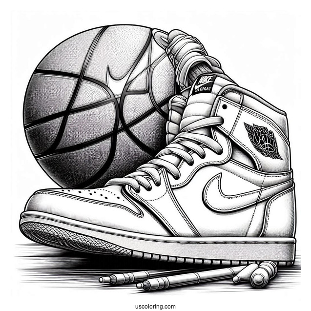 Nike Coloring Page Of Realistic Air Jordan With Basketball In Background