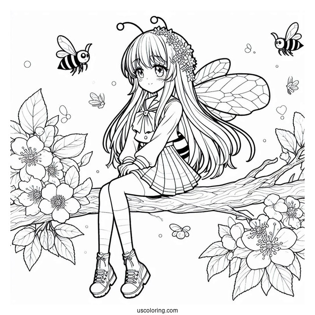 Anime Girl Bee Coloring Page Walking On A Tree Branch