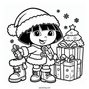 Dora With Boots And Santa Coloring Sheet