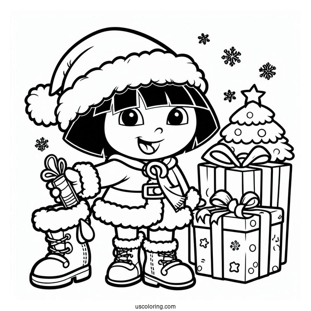Dora With Boots And Santa Coloring Sheet