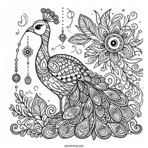 Peacock Coloring Page in Ornamental Mandala Style With Floral Pattern