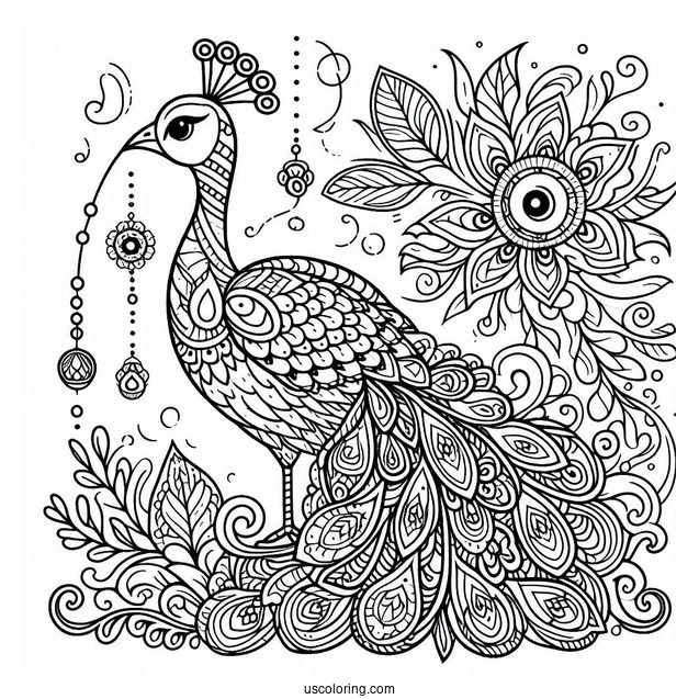 Peacock Coloring Page in Ornamental Mandala Style With Floral Pattern