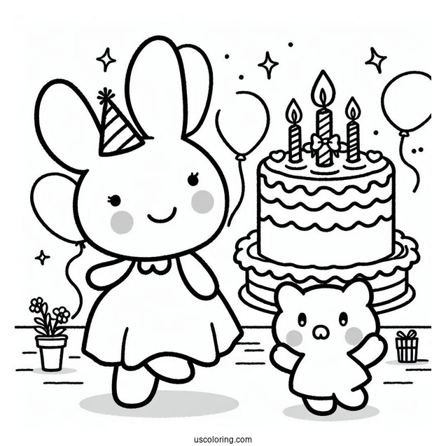 Miffy Coloring Page Of Melanie, And Poppy Pig Dancing In Front Of Birthday Cake