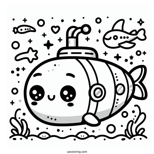 Kawaii Submarine Coloring Page For Preschoolers