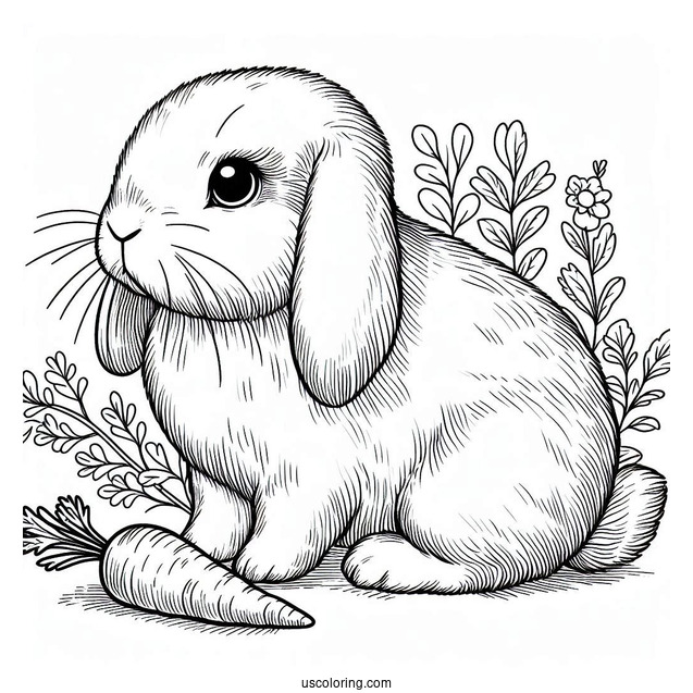 Lop Eared Rabbit Looking At Carrot Coloring