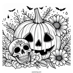 Jack O Lantern Pumpkin Coloring Page With A Skull And Flowers