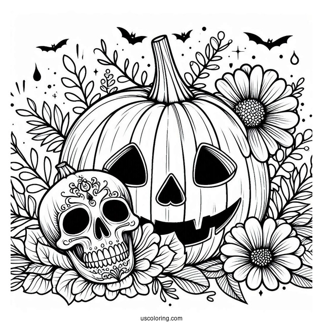 Jack O Lantern Pumpkin Coloring Page With A Skull And Flowers