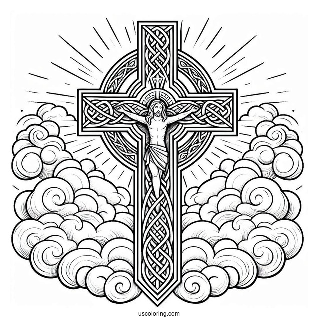 Detailed Celtic Cross Coloring Page In The Clouds With Jesus At The Center