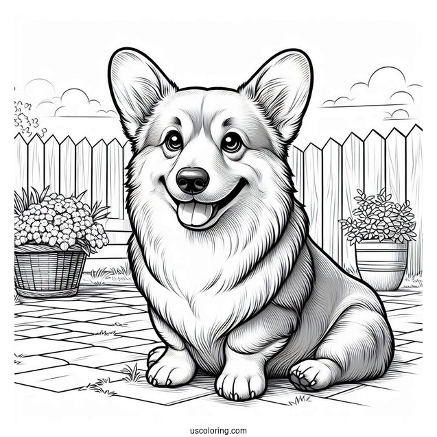 Realistic Welsh Corgi Coloring Page In Backyard