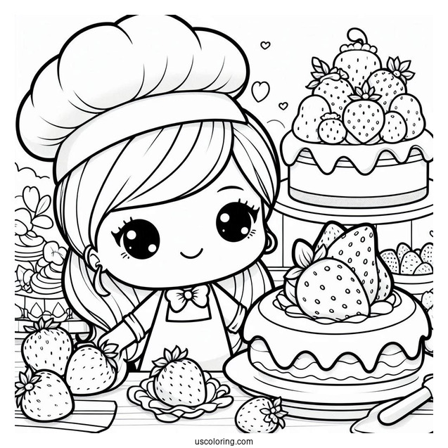 Chef Strawberry Coloring Page In Front Of Pastries