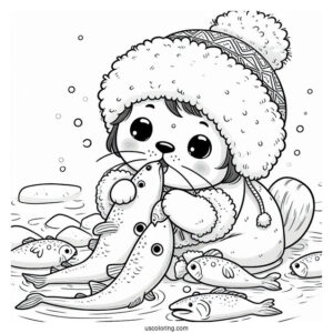 Cartoon Eskimo Feeding Fish To A Seal Coloring Page
