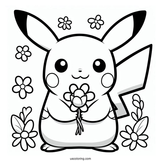 Easy PIkachu Holding A Flower In Spring Coloring Sheet For Kids