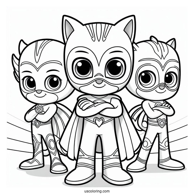 PJ Masks Coloring Page Of Simple Owlette, Gekko, And Catboy Standing With Arms Crossed