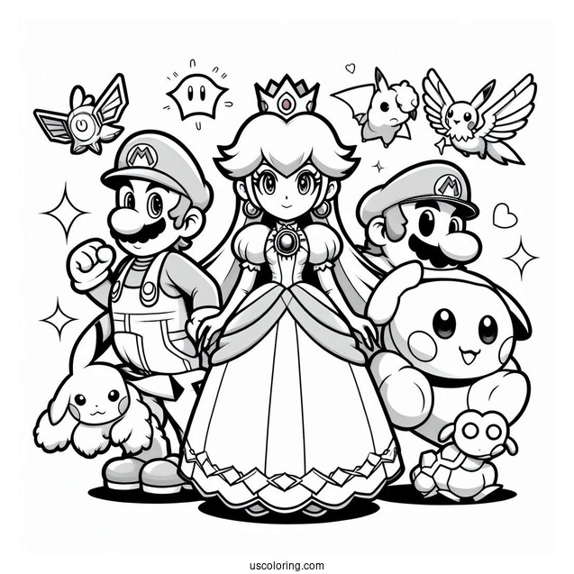 Mario, Zelda, Princess Peach, And Pokemon Super Smash Bros Coloring Page