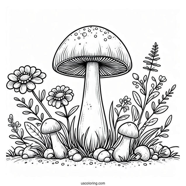 Realistic Mushroom Coloring Page Growing With Flowers