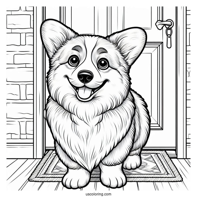Smiling Corgi In Front Of Door To Color