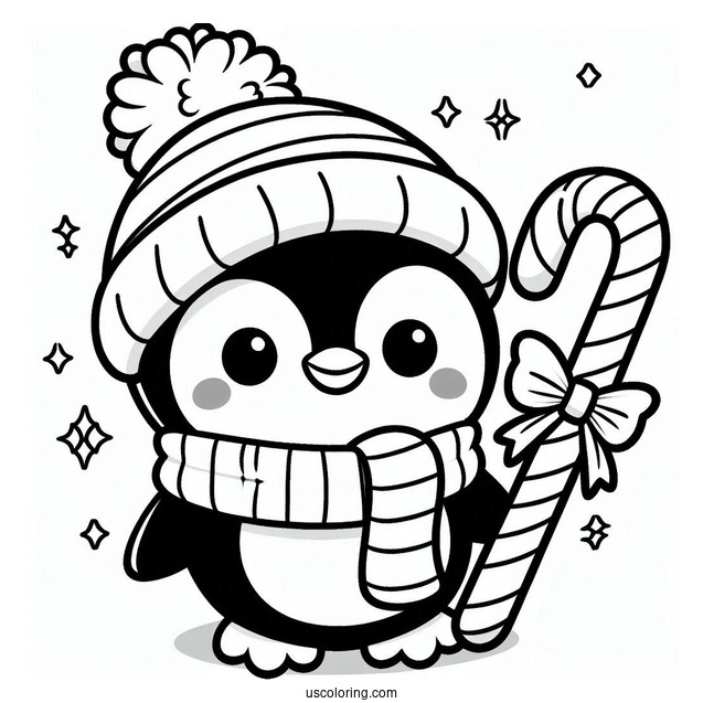 Cute Cartoon Penguin Holding A Candy Cane Coloring Page For Kids