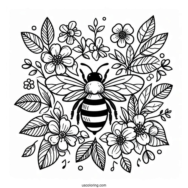 Bee Coloring Page Of Surrounded By Flowers And Leaves
