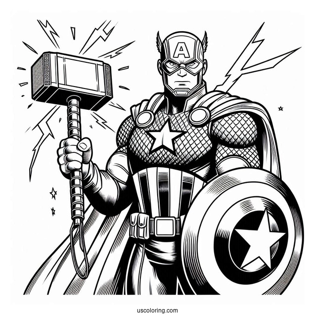 Captain America Holding Thors Hammer With Lightening