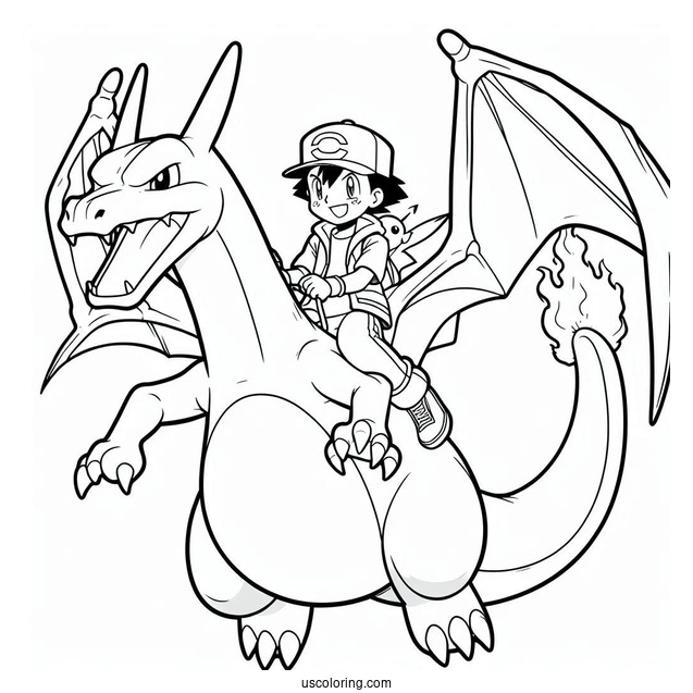 Coloring Sheet Of Ash And PIkachu Riding Charizard