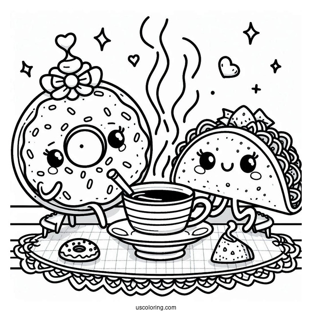 Pretty Donut And Taco Having A Tea Party Coloring Sheet