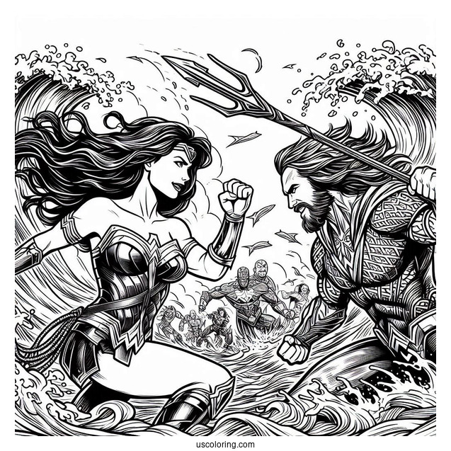 Wonder Woman Fighting Alongside Aquaman Coloring Page