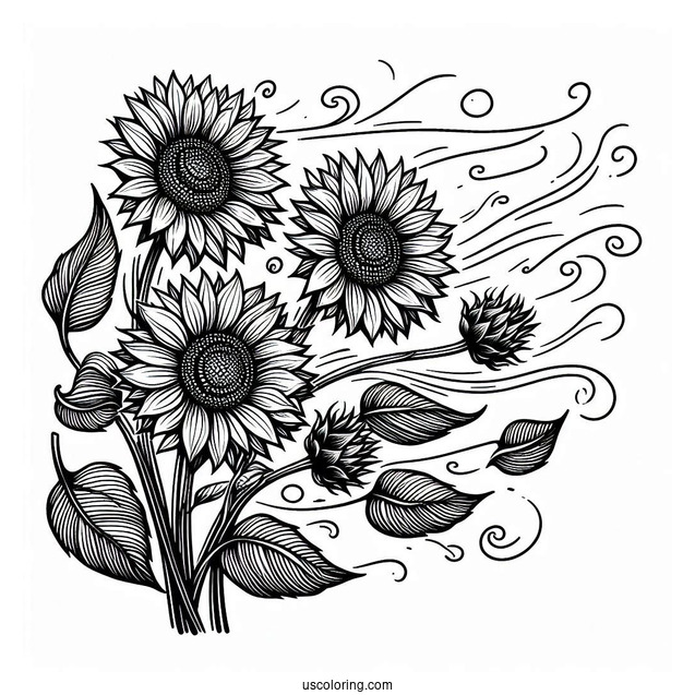 Sunflowers Blowing In The Wind For Coloring