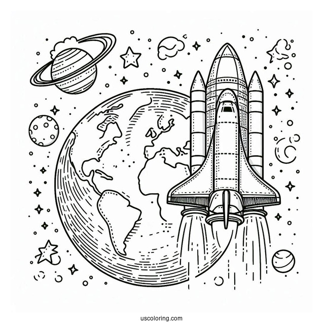 Easy Coloring Page Of NASA Space Shuttle Around Earth