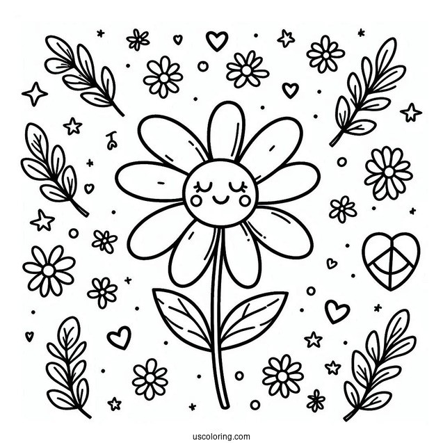 Peace Coloring Page Of Cute Flower With Love Heart For Eyes For Preschoolers