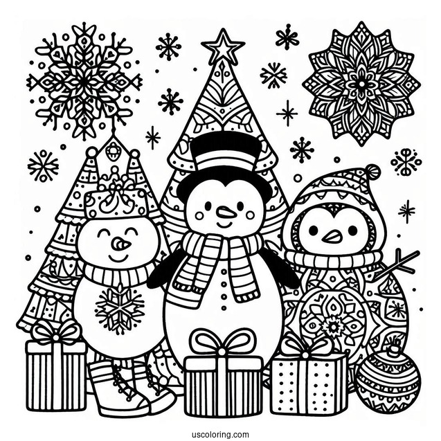 Snowman, Penguin, And Presents In Front Of Christmas Mandala Coloring Page