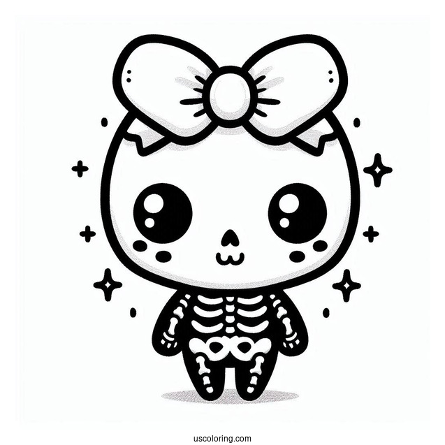 Kawaii Skeleton Coloring Page With Bow