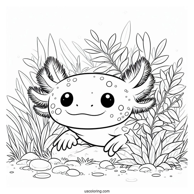 Axolotl Coloring Page Hiding Behind Vegetation