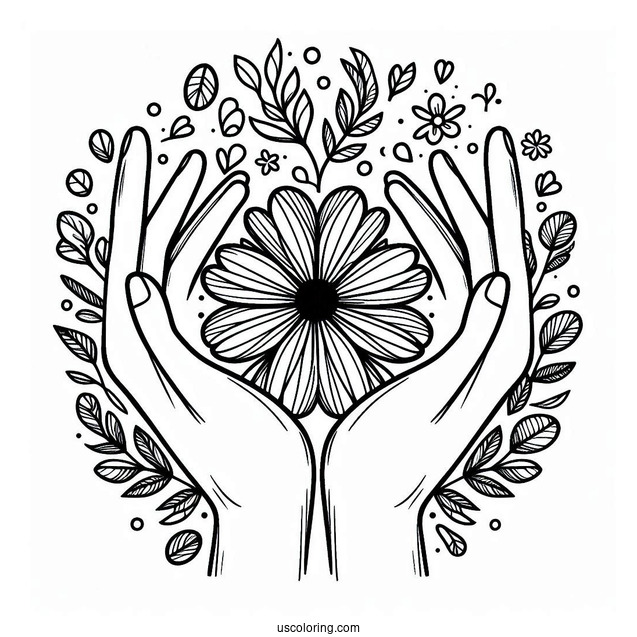 Easy Hands Holding Up A Floral Peace Coloring Page