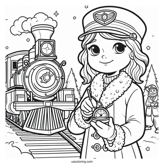 Polar Express Coloring Page Of Simple Conductor Checking The Time For Preschoolers