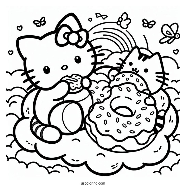 Hello Kitty And Pusheen Eating Donut On Clouds