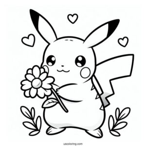 Easy PIkachu Holding A Flower In Spring Coloring Sheet For Kids