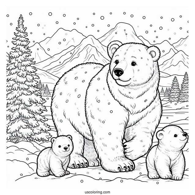 Polar Bear With Cubs On Snowy Day