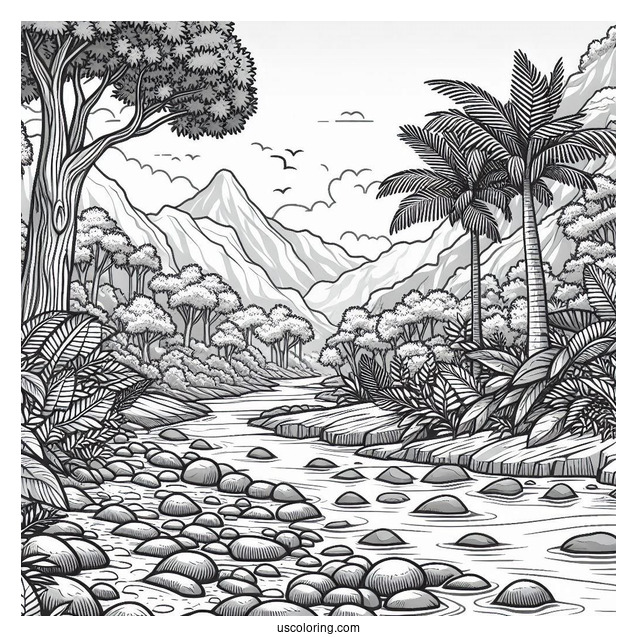 Detailed River And Rocky Terrain Of Jungle Coloring Page