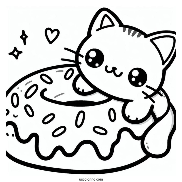 Cat Themed Kawaii Donut Coloring Page