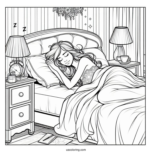 Woman Sleeping In Her Cozy Bedroom Coloring Page For Kids