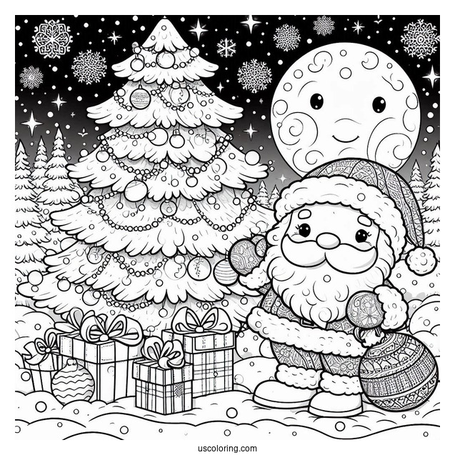 New Year Coloring Page Of Santa Claus Beside A Christmas Tree On Snowy Night