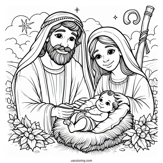 Nativity Coloring Page Of Smiling Joseph And Mary With Baby Jesus