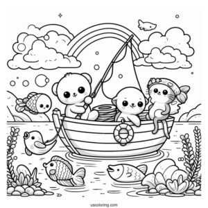 Cute Animals Fishing Coloring Page On A Boat At Sea For Kids