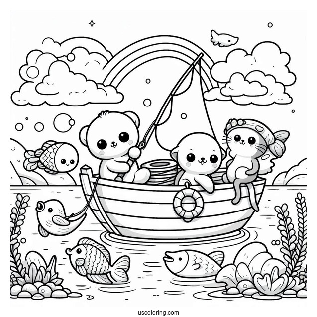 Cute Animals Fishing Coloring Page On A Boat At Sea For Kids