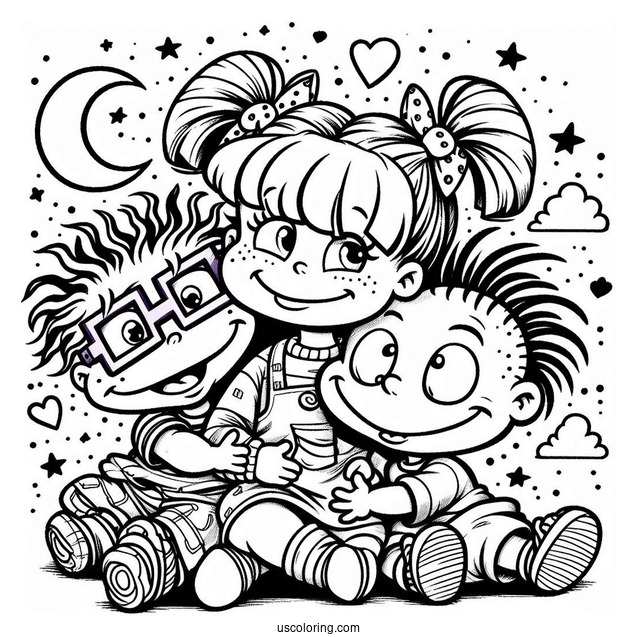 Rugrats Coloring Page Of Angelika Hugging Chuckie And Tommy