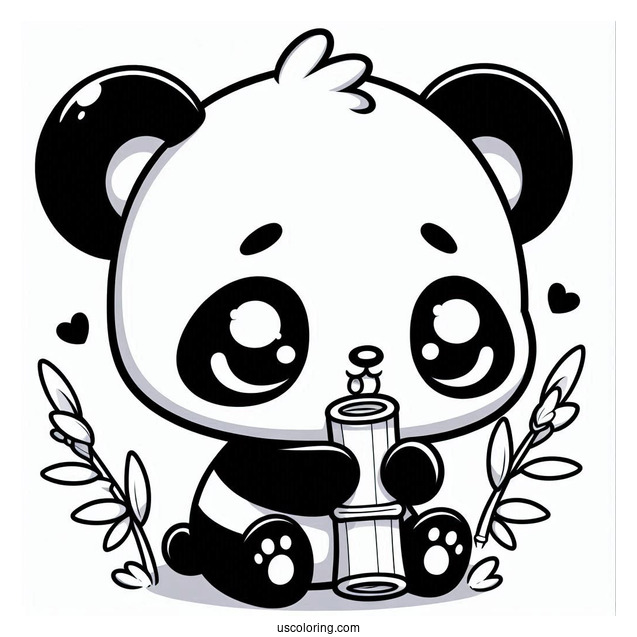 Hungry Chibi Coloring Page Panda Eating Bamboo For Preschoolers