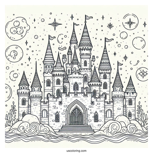 Magical Castle Coloring Page With Bubbly Background