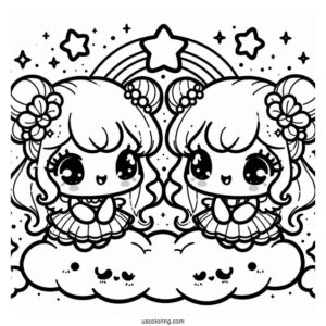 Kawaii Little Twin Stars On A Cloud Coloring Sheet
